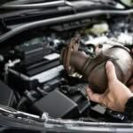 una mano tiene in mano un radiatore sul cofano aperto di un auto